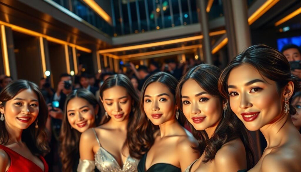A glamorous red carpet scene featuring Hong Kong celebrities showcasing their radiant, youthful complexions achieved through the derBeaute BTL Exion collagen-boosting treatment. In the foreground, well-groomed stars pose confidently, their skin glowing with a healthy, even tone. The middle ground captures the lively energy of the event, with photographers snapping away and fans cheering. The background depicts a sophisticated, elegantly lit setting, with sleek architectural elements and hints of luxury. Warm, flattering lighting accentuates the stars' flawless, rejuvenated appearances, creating an aspirational, high-fashion ambiance.
