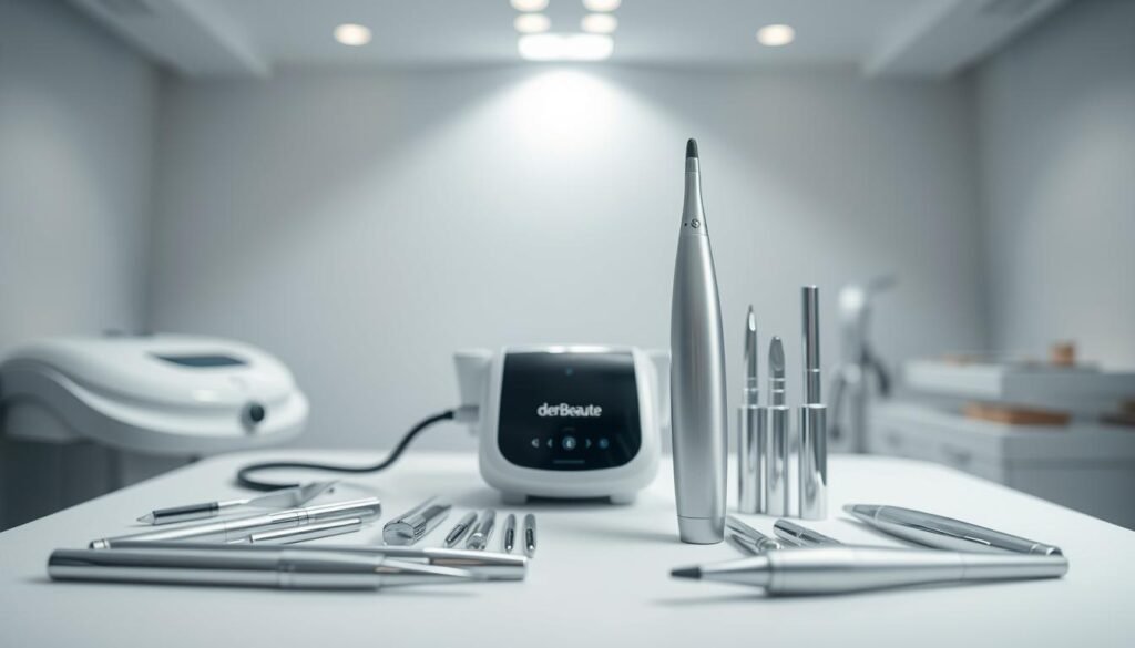 A serene, clinical setting illuminated by soft, diffused lighting. Sleek, modern medical equipment arranged in a organized flow, including the derBeaute BTL Exion device, a gleaming handheld applicator poised and ready. Soothing neutral tones create a sense of tranquility, while the arrangement of the tools suggests a step-by-step treatment process. The background softly blurs, focusing attention on the central workflow. A sense of professionalism and expertise permeates the scene, conveying the safe, comfortable experience of the BTL Exion collagen-boosting treatment.