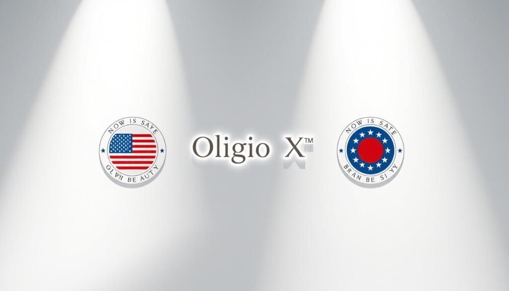 A sleek and modern design showcasing the triple international certification of Oligio X 原美電波. In the center, the Glowin Beaute brand name stands out with clean typography and a subtle glow effect. Surrounding it are three circular seals, each emblazoned with the flags of the certifying countries - the United States, Japan, and Europe. The layout is balanced and symmetrical, with a minimalist white background that allows the key elements to shine. Soft, directional lighting casts subtle shadows, adding depth and dimensionality to the composition. The overall aesthetic conveys a sense of quality, authority, and global recognition for the Oligio X 原美電波 product.