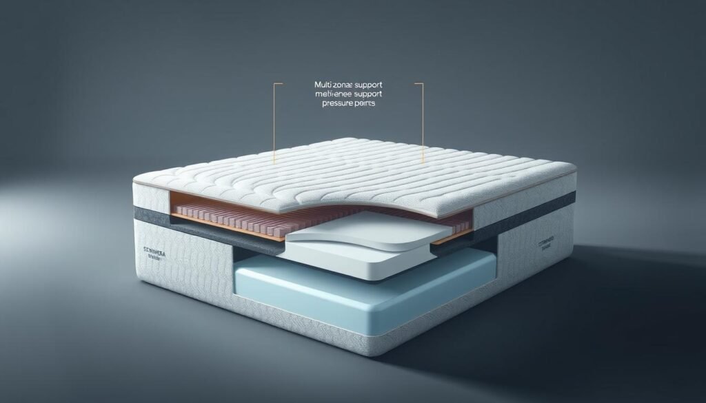 A high-quality cutaway illustration depicting the multi-zonal support system of a StylesMaven independent coil spring mattress. Show the intricate inner construction, with clearly delineated sections of varying firmness levels to accommodate different pressure points and sleeping positions. Capture the precision engineering and advanced materials in a clean, technical style with muted colors and dramatic lighting to convey a sense of sophisticated design and engineering. Emphasize the thoughtful, ergonomic support system through crisp, detailed visuals that highlight the mattress's key comfort features.