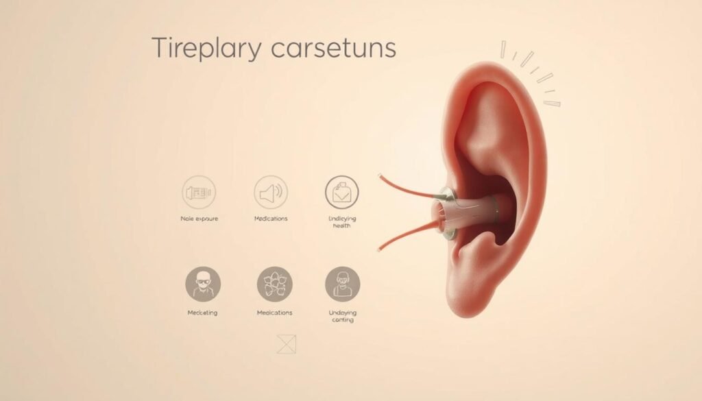 A peaceful and informative illustration depicting the primary causes of tinnitus, or "ear ringing". The foreground features a detailed cross-section of the human ear, showcasing the inner workings and highlighting the key anatomical structures that can contribute to this common auditory condition. The middle ground depicts a series of icons or pictograms representing common factors like noise exposure, medications, and underlying health issues. The background is a soft, neutral gradient that allows the focal elements to stand out, conveying a sense of calm and focus. The overall lighting is soft and diffuse, creating a sense of clarity and understanding. Shot with a macro lens to emphasize the intricate details of the ear anatomy.