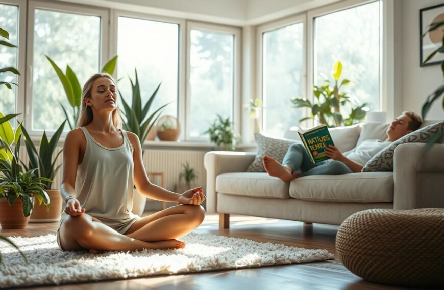 A serene scene of a person practicing healthy lifestyle habits to manage and prevent tinnitus, or &quot;ear ringing&quot;. In the foreground, a person sits cross-legged on a plush rug, their eyes closed in meditation, surrounded by lush houseplants. In the middle ground, a person reclines on a comfortable sofa, reading a book about natural remedies. In the background, sunlight streams through large windows, creating a calming, natural atmosphere. The lighting is soft and diffused, conveying a sense of tranquility. The overall mood is one of wellness, self-care, and a holistic approach to managing tinnitus.