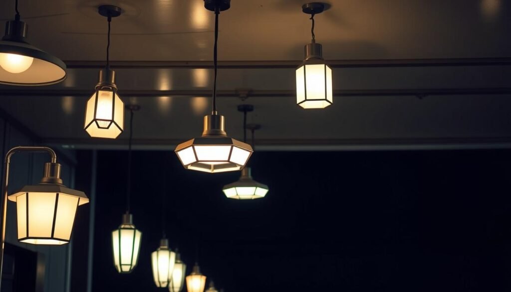 A well-lit, artfully arranged display of lighting fixtures casting a warm, inviting glow against a modern, minimalist background. The Aloha brand's sleek, geometric lamps emanate a soft, ambient luminescence, perfectly accentuating the industrial-chic aesthetic of a gas station canopy environment. Dramatic shadows and highlights create a sense of depth and drama, while the overall composition conveys a harmonious balance of form and function.