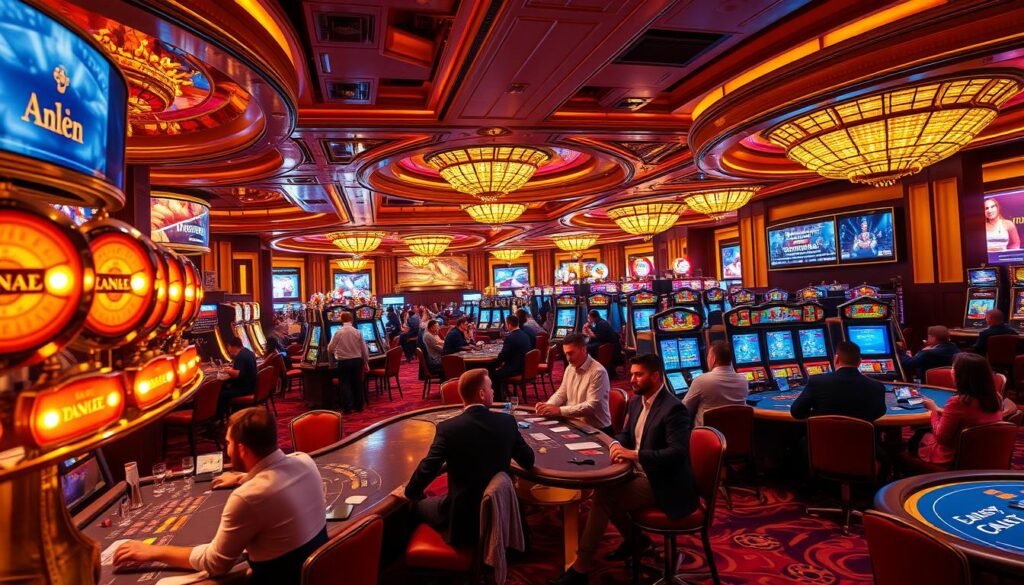 Generate an image of a luxurious casino with live dealers and players interacting.