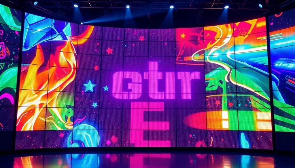 Generate an image of a modern LED display screen showing dynamic text and graphics.