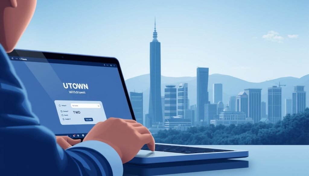 A high-resolution, detailed illustration of the process for withdrawing Taiwan dollars (TWD) from the UTown trading platform. The foreground shows a person interacting with a user interface on a laptop, carefully navigating the withdrawal steps. The middle ground depicts the UTown logo and branding, conveying the trustworthiness and security of the platform. In the background, a stylized rendering of the Taipei skyline sets the scene in Taiwan, with the iconic Taipei 101 tower visible. The image has a sleek, modern aesthetic with soft lighting and a color palette of blues and grays, evoking a sense of professionalism and reliability.
