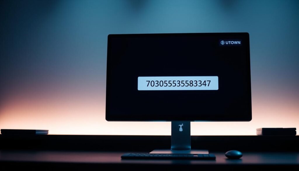 A high-resolution, photorealistic image of a USDT wallet address display on a sleek, modern computer screen. The display shows a clear, legible USDT wallet address against a minimalist, UTown-branded interface. Soft, ambient lighting illuminates the scene, creating a sense of professionalism and security. The frame is carefully composed to highlight the wallet address, with the computer screen taking up the majority of the frame. The background is blurred, placing the focus solely on the wallet address display.