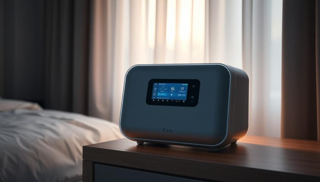 A modern and sophisticated sleep apnea treatment device with advanced pressure relief technology. A sleek, ergonomic iCareCPAP machine situated on a minimalist bedside table, its glowing display and smooth contours illuminating a serene, dimly lit bedroom. Gentle rays of soft, warm lighting filter through sheer curtains, casting a calming atmosphere. The device's intuitive interface and intelligent pressure-adjusting algorithms are showcased, conveying the effortless, personalized comfort it provides for the user's restful sleep.