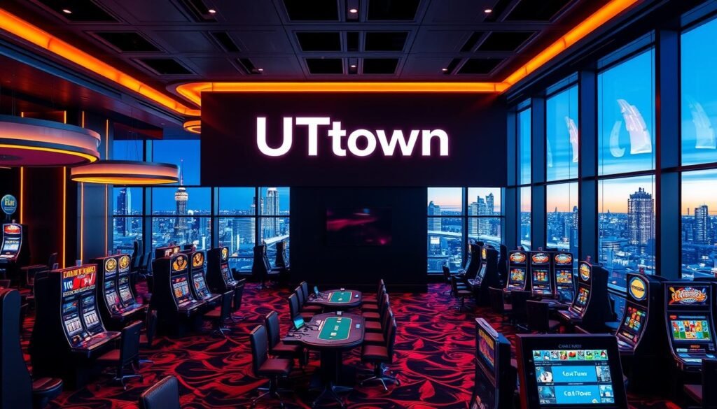 A modern, stylish casino interior with vibrant lighting and sleek, contemporary design. The centerpiece is the "UTown" casino logo, prominently displayed on the wall, conveying a sense of trust and fairness. Sophisticated game tables and slot machines fill the foreground, while the background features a panoramic city skyline visible through large windows. The overall atmosphere is one of excitement, elegance, and responsible gaming.