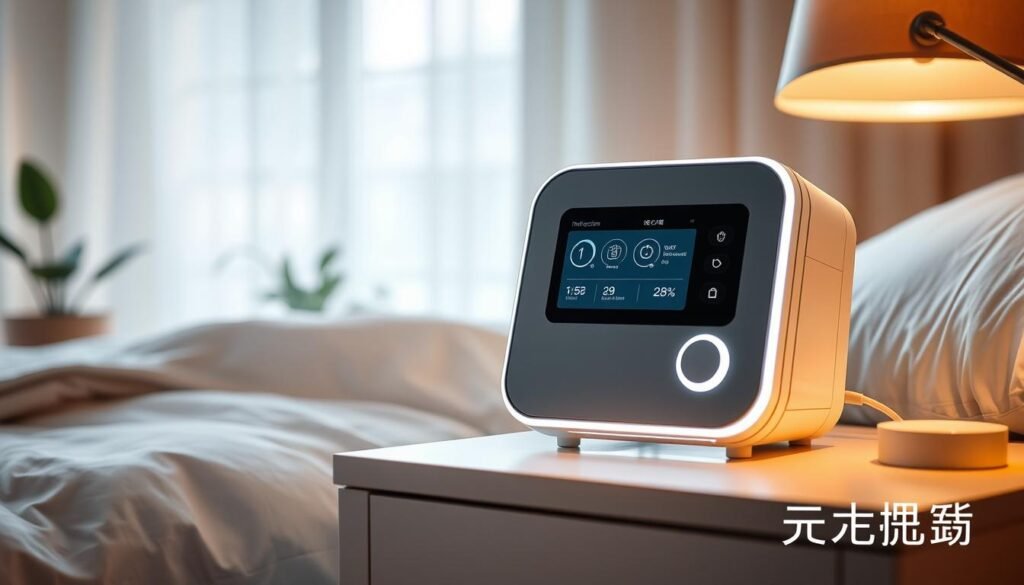 A peaceful, well-lit bedroom scene showcasing the iCareCPAP sleep apnea machine. The device sits on a nightstand, its sleek design and soft white lighting creating a calming atmosphere. Surrounding it are subtle elements that convey relaxation: plush bedding, a potted plant, and warm, indirect lighting from a lamp. The machine's display shows an intuitive pressure adjustment interface, indicating its intelligent pressure-relief capabilities. The overall scene radiates a sense of comfort and ease, reflecting the "睡眠呼吸機壓力舒緩技術" and the section title "如何選擇適合您的睡眠呼吸機降壓模式".