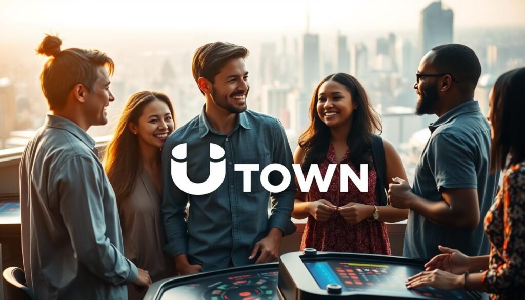 A serene and harmonious scene showcasing the UTown brand. In the foreground, a group of diverse individuals engage in friendly conversation, their expressions radiating trust and mutual understanding. The middle ground features a well-designed, modern gaming environment with sleek interfaces and intuitive controls, symbolizing the fairness and transparency of the UTown platform. The background depicts a vibrant cityscape, conveying a sense of community and progress. Warm, natural lighting bathes the scene, creating a welcoming and inviting atmosphere. The overall composition reflects the core values of trust and fairness that define the UTown experience.