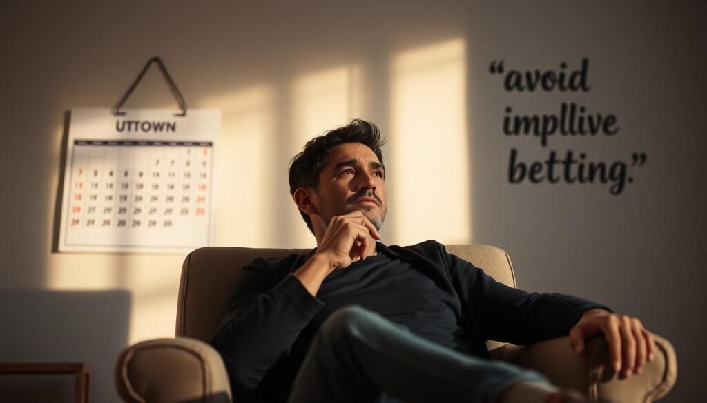 A serene, contemplative scene of a person in a comfortable chair, thoughtfully considering their next move. The lighting is soft and natural, creating a calming atmosphere. In the background, a UTown-branded calendar and inspirational quote on the wall hint at the person's disciplined approach to sports betting. The person's posture and facial expression convey a sense of focus and self-control, embodying the "avoid impulsive betting" message. The overall composition emphasizes the importance of mindfulness and strategic decision-making in sports betting.