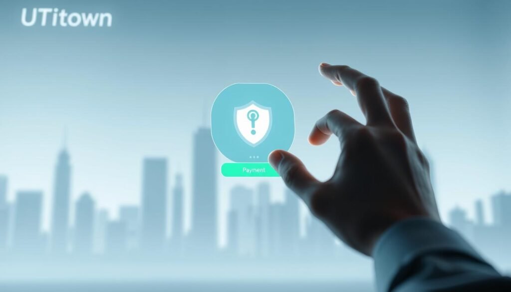 A sleek, modern UTown payment interface with intuitive controls and seamless transaction flows. The design conveys a sense of security and reliability, with clean lines, subtle gradients, and muted tones. In the foreground, a person's hand hovers over a touchscreen, effortlessly initiating a secure payment. The background features a simplified city skyline, suggesting the convenience and accessibility of the UTown platform. Soft, diffused lighting creates a calming, trustworthy atmosphere, inviting users to feel confident in the safety and ease of their transactions.