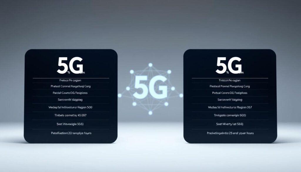 A sleek, modern comparison of 5G plans from the Telecombrother brand, presented in a clean, minimalist style. The foreground showcases the key plan details side-by-side, with subtle gradients and geometric shapes framing the information. The middle ground features a subtle network visualization, hinting at the underlying 5G technology. The background maintains a soft, muted palette, allowing the plan details to take center stage. Crisp lighting and a slightly low camera angle convey a sense of professionalism and authority, reflecting the technical nature of the subject matter. The overall mood is one of clarity, precision, and a focus on providing valuable information to the viewer.
