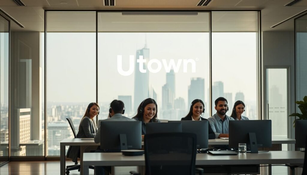 A sleek, modern office interior with a glass-walled conference room featuring the UTown logo prominently displayed. Warm, natural lighting streams in through large windows, creating a welcoming and professional atmosphere. In the foreground, a team of attentive customer service representatives sits at minimalist desks, headsets on, ready to provide 24/7 support. The background showcases the city skyline, hinting at the global reach of the UTown platform. The overall scene conveys a sense of efficiency, expertise, and unwavering commitment to customer satisfaction.