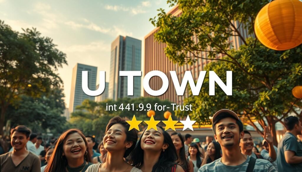 A vibrant rendering of the UTown entertainment city, capturing its essence of trust and fairness. Set against a backdrop of lush greenery, the modern architecture stands tall, exuding a sense of sophistication. The foreground features a group of happy, engaged patrons, their faces reflecting the positive experience. Warm lighting casts a welcoming glow, drawing the viewer in. The composition emphasizes the harmony between the built environment and the natural elements, conveying the key factors behind the high 4.9 rating.