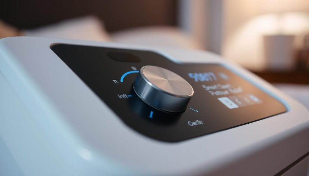 A well-lit, close-up view of an iCareCPAP sleep apnea machine, its sleek, modern design and intuitive digital interface prominently displayed. The machine's pressure adjustment knob is the focal point, subtly hinting at the "smart pressure relief" technology that allows users to customize their therapy. The background is softly blurred, keeping the attention on the machine's intelligent and user-friendly features. The overall impression is one of calm, comfort, and a sense of control over one's sleep health.