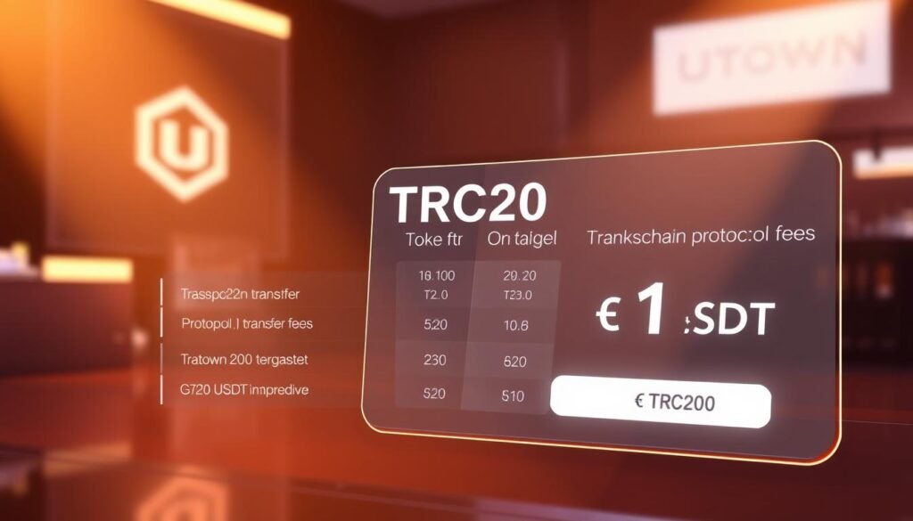 Detailed illustration of TRC20 token transfer fees, showcasing a sleek and modern digital wallet interface. Prominently featuring the UTown brand logo, the image depicts a transparent and concise comparison of various blockchain protocol fees, with the TRC20 option highlighted as the most cost-effective solution at just 1 USDT. The scene is bathed in a warm, soft lighting, creating a sense of trustworthiness and reliability. Crisp, high-resolution graphics and clean layout make the information easy to comprehend at a glance.