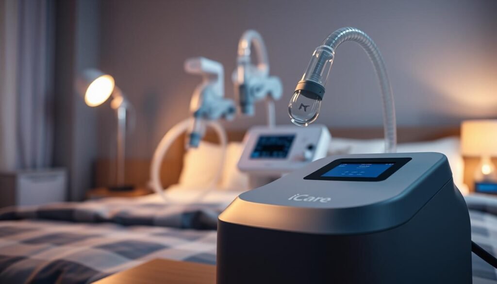 A close-up, detailed view of a modern, sleek iCareCPAP sleep apnea machine. The device is displayed in the foreground, showcasing its clean, minimalist design with smooth curves and a matte finish. The middle ground features medical equipment such as breathing tubes, face masks, and display panels, conveying the technical nature of the device. The background is dimly lit, creating a soothing, calming atmosphere reminiscent of a bedroom setting. The lighting is soft and diffused, highlighting the machine's features and creating a sense of tranquility. The overall scene conveys the essential role of the iCareCPAP sleep apnea machine in providing reliable, comfortable respiratory support for those with sleep-related breathing disorders.