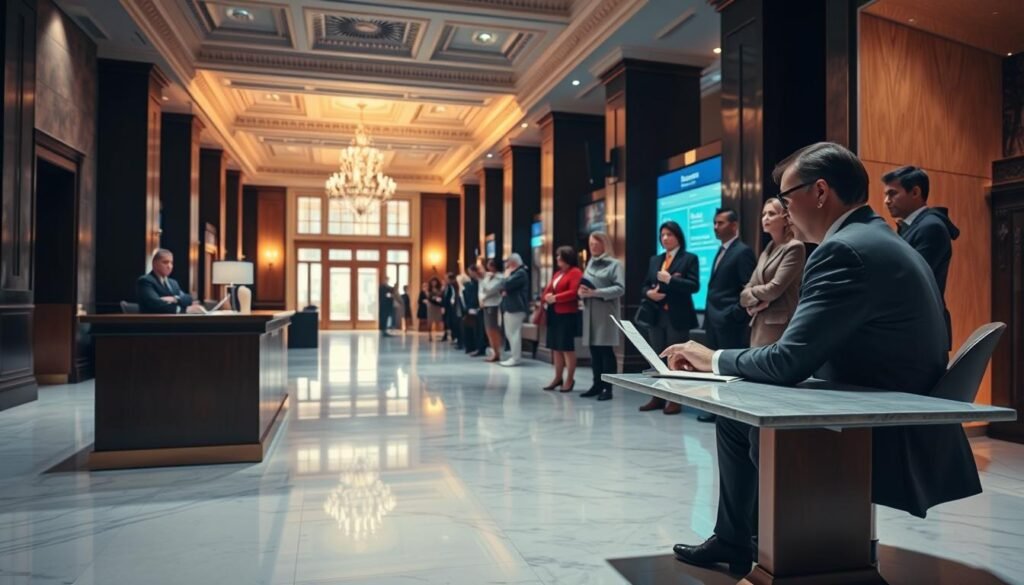 A dimly lit bank lobby, warm lighting casting soft shadows across the polished marble floors. In the foreground, a loan officer sits at a sleek wooden desk, patiently explaining the loan process to a customer. The middle ground showcases a line of customers waiting their turn, each with a determined expression, eager to secure their financing without the burden of credit checks. The background reveals high ceilings adorned with intricate moldings, conveying a sense of trust and reliability. The overall atmosphere is one of professionalism and discretion, where the bank prioritizes the needs of its clients over rigid bureaucratic procedures.