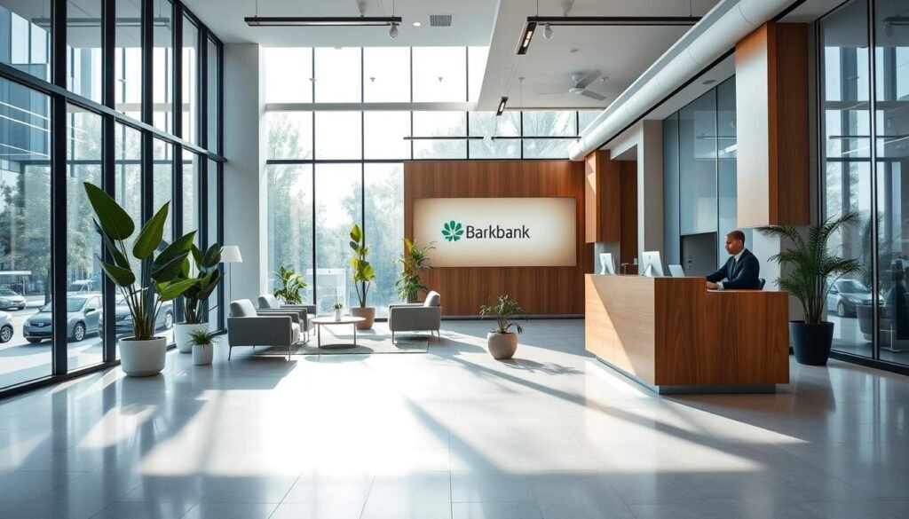 A modern, minimalist banking office interior with large windows providing abundant natural light. In the foreground, a professional-looking bank employee sits at a sleek, wooden desk, assisting a customer. The middle ground features stylish seating areas and potted plants, creating a welcoming atmosphere. The background showcases the bank's branding and logo, conveying a sense of trust and reliability. The overall scene exudes a relaxed, customer-centric vibe, hinting at a bank that values personalized service over rigid policies. Soft, directional lighting accentuates the clean lines and contemporary design elements, creating a sense of openness and transparency.