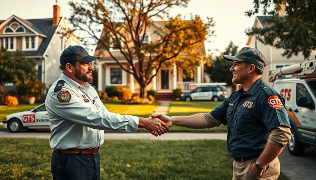 A collaborative scene between an extermination company and a pest control company, showcasing their partnership in residential pest management. In the foreground, two professionals in uniform, one from the iCareCPAP extermination company and the other from the pest control company, shake hands in a cordial agreement. In the middle ground, a residential home with a well-manicured lawn and trees, indicating the urban setting. In the background, a fleet of vehicles from both companies, suggesting their coordinated service delivery. The lighting is a warm, natural daylight, and the overall mood conveys a sense of professionalism and efficiency in their collaborative efforts to address pest issues in the local community.