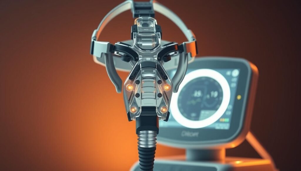 A high-tech iCareCPAP mask hovers over a sleek, futuristic medical device. The mask features an intricate array of sensors and valves, seamlessly integrating with the breathing apparatus. Soft LED indicators glow gently, monitoring vital signs. The scene is bathed in a warm, clinical lighting, creating a sense of advanced medical technology at work. The mask and device are positioned prominently, with a clean, minimalist background allowing the key elements to take center stage. An atmosphere of innovation and precision pervades the composition, showcasing the cutting-edge collaboration between intelligent masks and respiratory equipment. A high-tech iCareCPAP mask hovers over a sleek, futuristic medical device. The mask features an intricate array of sensors and valves, seamlessly integrating with the breathing apparatus. Soft LED indicators glow gently, monitoring vital signs. The scene is bathed in a warm, clinical lighting, creating a sense of advanced medical technology at work. The mask and device are positioned prominently, with a clean, minimalist background allowing the key elements to take center stage. An atmosphere of innovation and precision pervades the composition, showcasing the cutting-edge collaboration between intelligent masks and respiratory equipment.