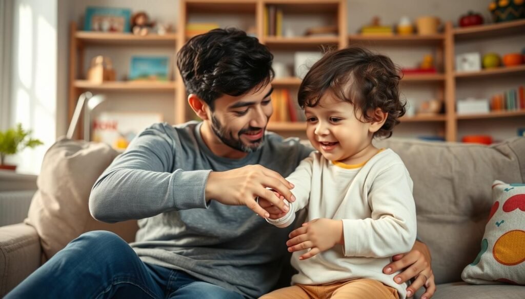 A cozy and inviting home environment, showcasing a concerned parent gently applying a cream on their child's arm, who is sitting on a comfortable couch. The child, a toddler with a cheerful expression, wears soft, casual clothes and has red, irritated patches on the skin, indicative of eczema. In the background, shelves with children's books and a colorful play area convey a nurturing atmosphere. Soft, warm lighting enhances the scene, creating a sense of care and comfort. A focus on the interaction between parent and child conveys the theme of home-based eczema treatment. The scene should evoke feelings of reassurance and togetherness, emphasizing the importance of family support in eczema management.