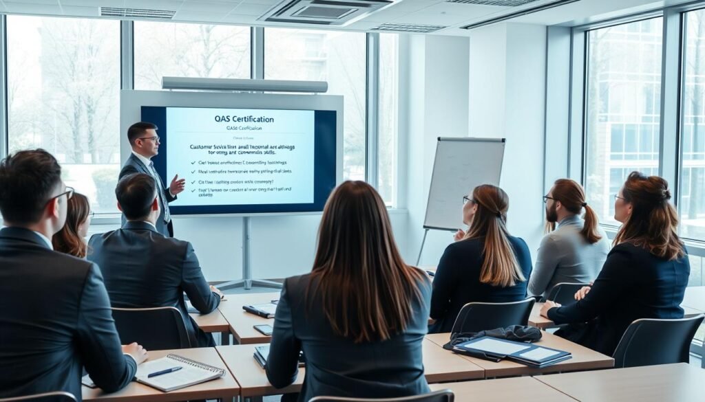A professional training session in a modern classroom setting, focused on the QAS certification program. In the foreground, a diverse group of business professionals, both men and women, are engaged in an interactive workshop. They are dressed in professional business attire, attentively listening to a confident instructor at the front, who is using a digital presentation slide showing the QAS certificate. In the middle ground, a large whiteboard displays key points about customer service and communication skills, while training materials and notebooks are on the tables. The background features large windows allowing natural light to flood the room, creating a bright and inspiring atmosphere. Capture a sense of professionalism and collaboration, with soft lighting highlighting the engaged expressions of participants.