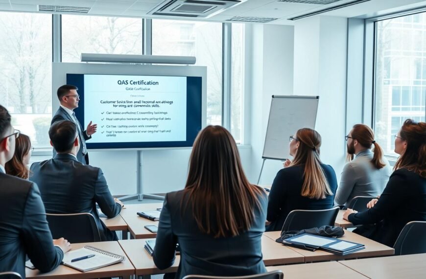 A professional training session in a modern classroom setting, focused on the QAS certification program. In the foreground, a diverse group of business professionals, both men and women, are engaged in an interactive workshop. They are dressed in professional business attire, attentively listening to a confident instructor at the front, who is using a digital presentation slide showing the QAS certificate. In the middle ground, a large whiteboard displays key points about customer service and communication skills, while training materials and notebooks are on the tables. The background features large windows allowing natural light to flood the room, creating a bright and inspiring atmosphere. Capture a sense of professionalism and collaboration, with soft lighting highlighting the engaged expressions of participants.