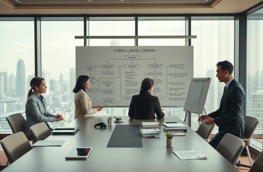A modern office interior representing the process of forming a limited company in Hong Kong. In the foreground, a diverse group of professionals in formal business attire are engaged in a collaborative discussion around a sleek conference table, with documents and digital devices scattered around. In the middle ground, a large, stylish whiteboard displays a structured flowchart outlining the application process, emphasizing key steps and requirements. The background features large windows revealing a panoramic view of Hong Kong's skyline, bathed in soft natural light. The atmosphere is focused and productive, creating a sense of urgency and importance. Use a wide-angle lens to capture the space, with a warm color palette that fosters an inviting yet professional ambiance.