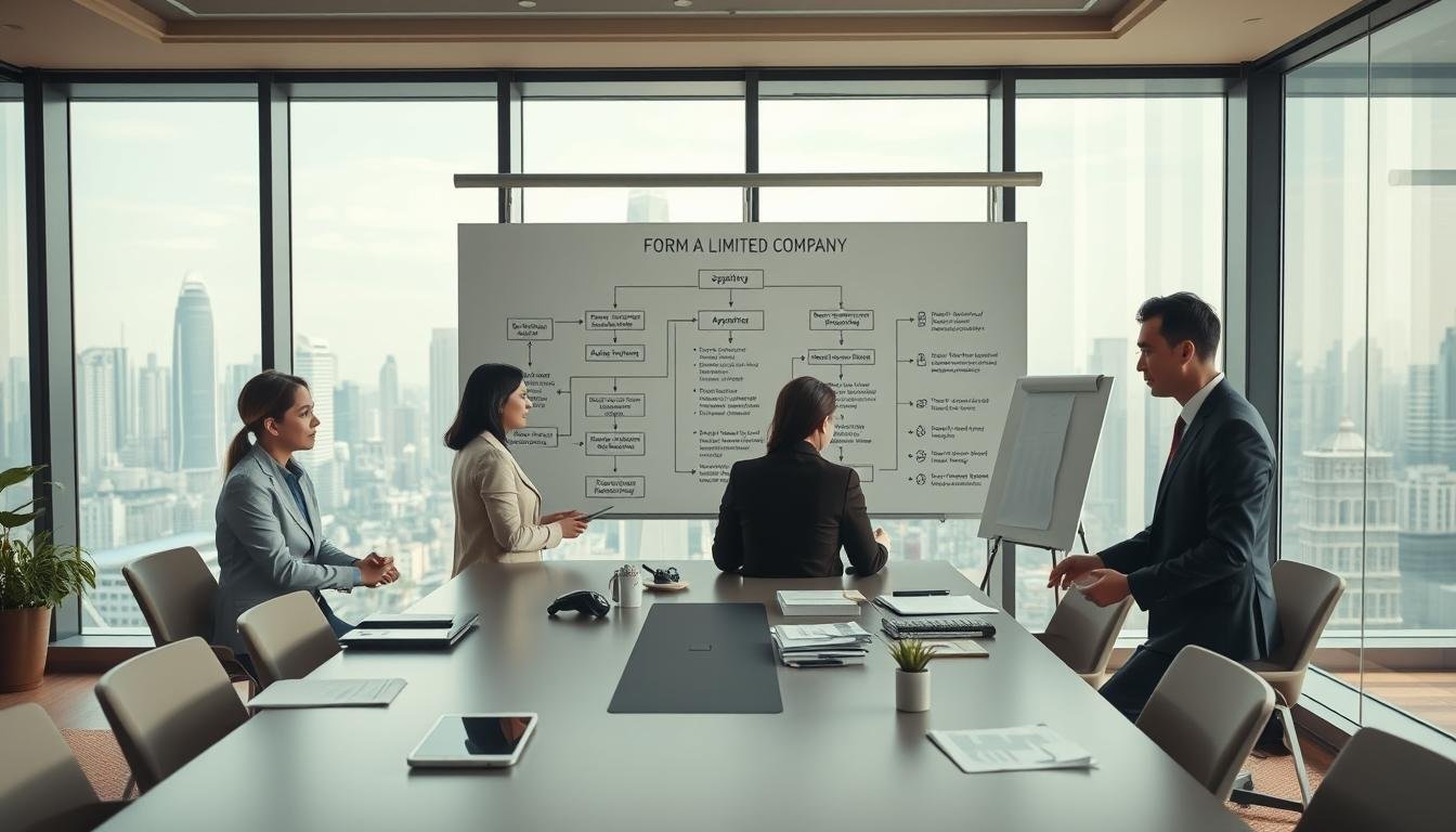 A modern office interior representing the process of forming a limited company in Hong Kong. In the foreground, a diverse group of professionals in formal business attire are engaged in a collaborative discussion around a sleek conference table, with documents and digital devices scattered around. In the middle ground, a large, stylish whiteboard displays a structured flowchart outlining the application process, emphasizing key steps and requirements. The background features large windows revealing a panoramic view of Hong Kong's skyline, bathed in soft natural light. The atmosphere is focused and productive, creating a sense of urgency and importance. Use a wide-angle lens to capture the space, with a warm color palette that fosters an inviting yet professional ambiance.