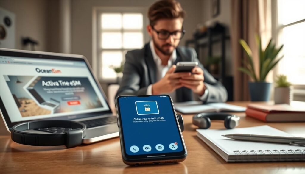 A modern smartphone displaying the OceanEsim app on its screen, surrounded by essential tools for eSIM activation, like a laptop, headphones, and a notepad. In the foreground, include an open laptop showing the OceanEsim website, with an urban workspace ambiance. Soft natural light streams in from a nearby window, casting a warm glow. The middle ground features a casual yet professional individual in smart casual attire attentively exploring the phone, embodying curiosity and concentration. In the background, an organized desk setup with minimalistic design and some plants adds a touch of freshness. This scene conveys a sense of readiness and excitement for activating the eSIM, highlighting the ease and modernity of the process.