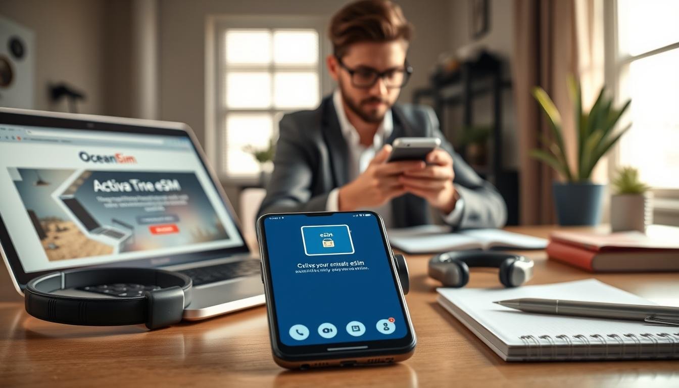 A modern smartphone displaying the OceanEsim app on its screen, surrounded by essential tools for eSIM activation, like a laptop, headphones, and a notepad. In the foreground, include an open laptop showing the OceanEsim website, with an urban workspace ambiance. Soft natural light streams in from a nearby window, casting a warm glow. The middle ground features a casual yet professional individual in smart casual attire attentively exploring the phone, embodying curiosity and concentration. In the background, an organized desk setup with minimalistic design and some plants adds a touch of freshness. This scene conveys a sense of readiness and excitement for activating the eSIM, highlighting the ease and modernity of the process.