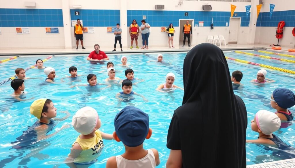 A professional swimming class environment showcasing safety measures in action. In the foreground, attentive instructors in modest casual clothing demonstrate proper techniques to a diverse group of young children wearing swim caps and modest swim attire, all engaged in learning. In the middle ground, lifeguards are positioned at strategic spots around the pool, watching over the swimmers with life-saving equipment nearby. The background features clear blue water, safety signage, and floatation devices visible on the edges. The lighting is bright and inviting, simulating a sunny day, while emphasizing a safe and supportive atmosphere. The scene should be framed with a wide-angle lens to capture the bustling activity and professionalism of the swimming class.