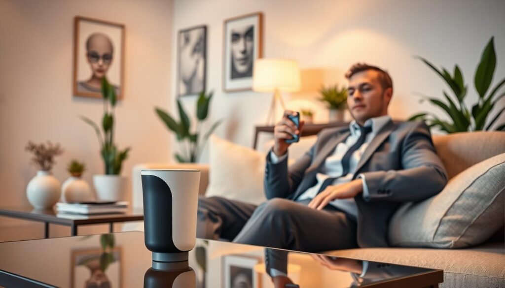 A contemporary scene depicting a sleek, modern electric airplane cup placed elegantly on a stylish, minimalist coffee table in a well-lit, relaxing living space. In the background, soft, ambient lighting casts a tranquil atmosphere, with potted plants and calming artwork on the walls, creating an inviting environment for stress relief. In the foreground, a modern male figure dressed in professional business attire sits comfortably on a plush couch, visibly relaxed and engaging with the cup, his expression serene, illustrating the connection between modern technology and stress management. The composition should include a warm color palette, showcasing an inspiring blend of innovation and tranquility, captured with a shallow depth of field for an intimate feel.