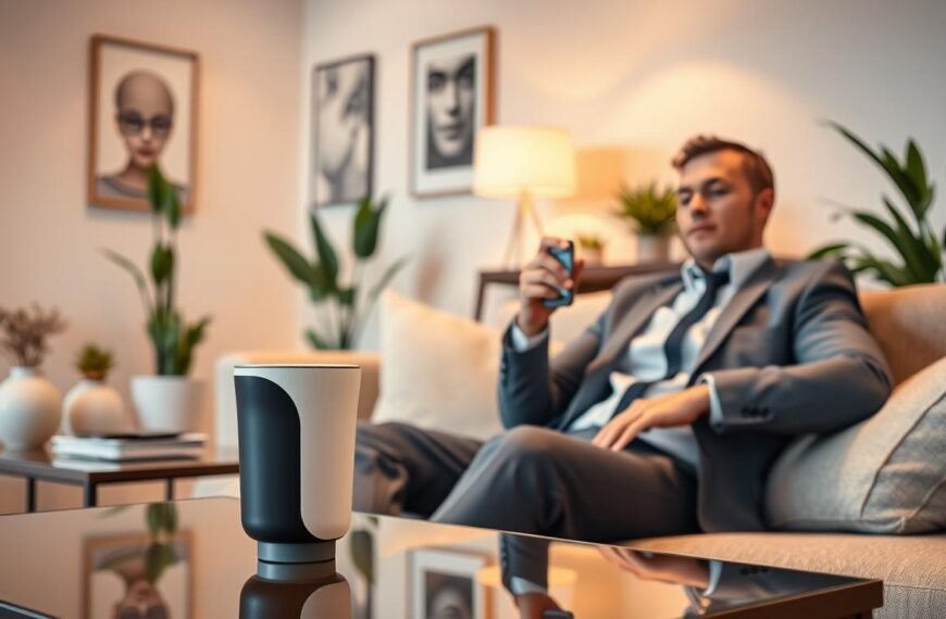 A contemporary scene depicting a sleek, modern electric airplane cup placed elegantly on a stylish, minimalist coffee table in a well-lit, relaxing living space. In the background, soft, ambient lighting casts a tranquil atmosphere, with potted plants and calming artwork on the walls, creating an inviting environment for stress relief. In the foreground, a modern male figure dressed in professional business attire sits comfortably on a plush couch, visibly relaxed and engaging with the cup, his expression serene, illustrating the connection between modern technology and stress management. The composition should include a warm color palette, showcasing an inspiring blend of innovation and tranquility, captured with a shallow depth of field for an intimate feel.