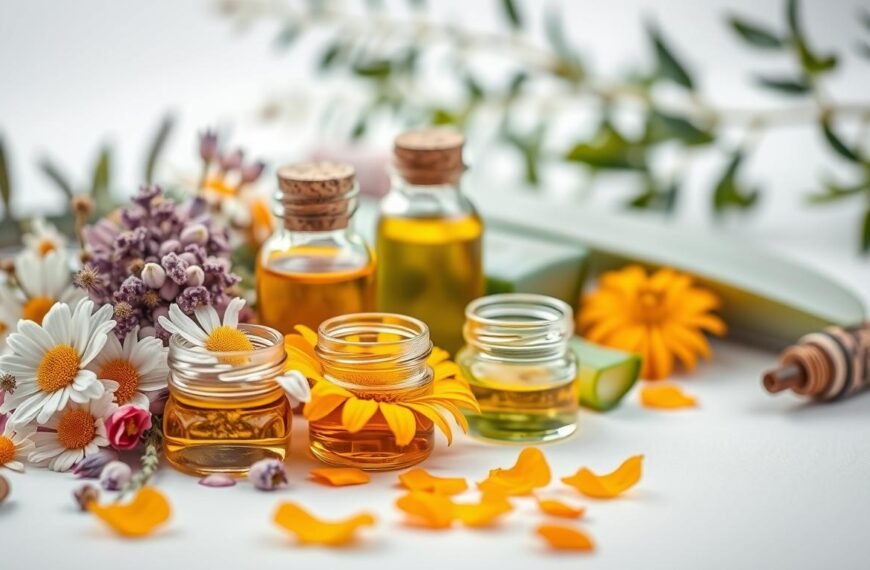 A detailed arrangement of natural plant ingredients used in eczema relief products, showcasing elements like chamomile flowers, calendula petals, and aloe vera leaves, arranged artistically on a clean white background. In the foreground, highlight the vibrant colors and textures of the plants, while incorporating small glass jars filled with essential oils or extracts. Soft, diffused lighting illuminates the scene to create an inviting, soothing atmosphere, emphasizing the natural and organic essence of the ingredients. In the background, subtly blurred hints of green foliage add depth and a sense of nature. Capture the image from a slightly elevated angle to showcase the layers of plants and jars, creating a harmonious, relaxing vibe that reflects the healing properties of these ingredients.