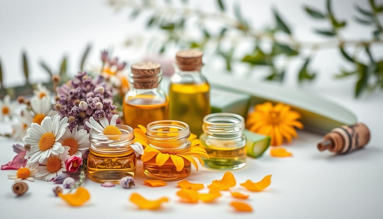 A detailed arrangement of natural plant ingredients used in eczema relief products, showcasing elements like chamomile flowers, calendula petals, and aloe vera leaves, arranged artistically on a clean white background. In the foreground, highlight the vibrant colors and textures of the plants, while incorporating small glass jars filled with essential oils or extracts. Soft, diffused lighting illuminates the scene to create an inviting, soothing atmosphere, emphasizing the natural and organic essence of the ingredients. In the background, subtly blurred hints of green foliage add depth and a sense of nature. Capture the image from a slightly elevated angle to showcase the layers of plants and jars, creating a harmonious, relaxing vibe that reflects the healing properties of these ingredients.