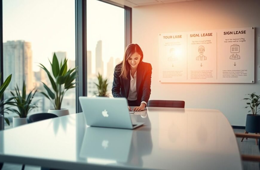 A modern office space interior showing the office rental process. In the foreground, a professional male and female in business attire are engaging in discussion over a laptop on a sleek conference table. Middle ground features a large window with natural light pouring in, illuminating a stylish workspace complete with office plants and a city skyline view. The background includes a wall-mounted display board with simplified, illustrated steps of the office rental process such as 'Tour', 'Negotiate', and 'Sign Lease'. The atmosphere is bright, professional, and collaborative, evoking a sense of efficiency and modernity. Soft-focus on the background adds depth to the image. The lighting is warm and inviting, creating a welcoming environment.