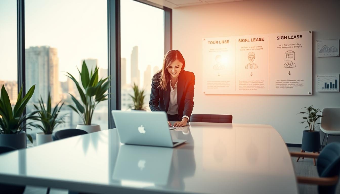 A modern office space interior showing the office rental process. In the foreground, a professional male and female in business attire are engaging in discussion over a laptop on a sleek conference table. Middle ground features a large window with natural light pouring in, illuminating a stylish workspace complete with office plants and a city skyline view. The background includes a wall-mounted display board with simplified, illustrated steps of the office rental process such as 'Tour', 'Negotiate', and 'Sign Lease'. The atmosphere is bright, professional, and collaborative, evoking a sense of efficiency and modernity. Soft-focus on the background adds depth to the image. The lighting is warm and inviting, creating a welcoming environment.