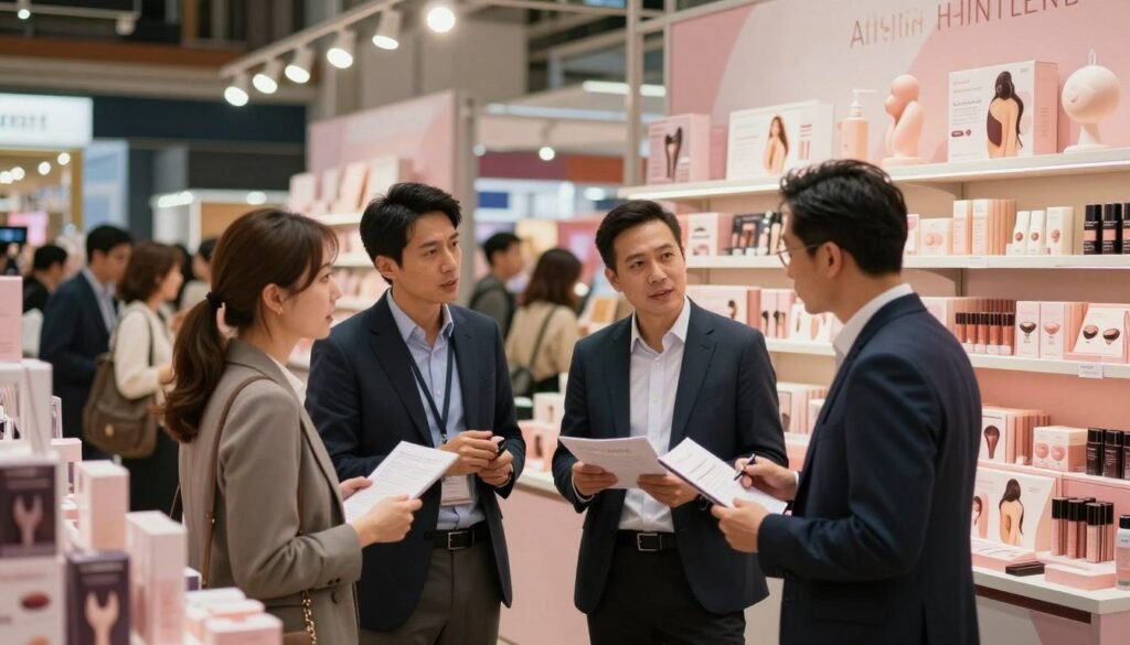 A modern, vibrant market scene showcasing the latest trends in adult products in Hong Kong. The foreground features a diverse group of professionals in business attire discussing product innovations and market statistics, exhibiting a sense of collaboration and focus. In the middle, shelves are stocked with elegantly designed, tasteful items reflecting the current popularity of intimacy products, displayed with creative lighting that highlights their shapes and styles. The background includes a bustling market atmosphere, with people engaging and browsing, illuminated by warm, inviting light that enhances the cozy, intimate vibe. Capture this scene with a cinematic perspective, ideally in a 4:3 aspect ratio, evoking an atmosphere of professionalism and modernity.