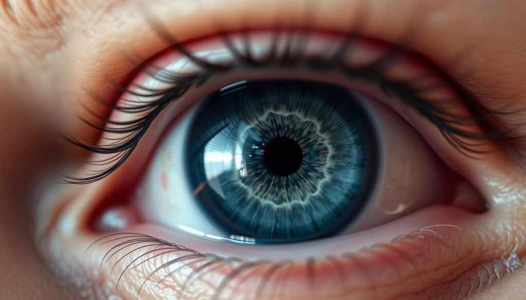 A close-up view of a human eye, showcasing the signs of macular degeneration. The image captures the texture of the eye, with a particular focus on the retina, illustrating the distortion and blurriness in the central vision area. The foreground features the eye with intricate details such as the iris and pupil, while the middle ground highlights the affected retinal area with subtle color shifts and irregularities indicating damage. The background is softly blurred to emphasize the eye, with gentle, diffused lighting that creates a clinical atmosphere. The mood is informative yet sensitive, evoking a sense of urgency to seek medical attention. High-resolution, macro lens perspective. No text or watermarks present.
