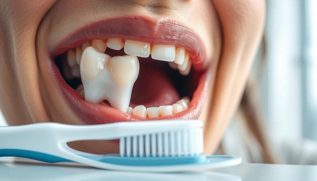 A close-up view of a human mouth showcasing a partially erupted wisdom tooth positioned at an angle, causing visible misalignment with the surrounding teeth. The foreground features a single-headed toothbrush and dental floss artfully arranged beside the mouth, emphasizing oral hygiene tools. In the background, a softly blurred modern dental clinic setting enhances the atmosphere of professionalism. The lighting is bright yet soft, highlighting the details of the teeth and the toothbrush while casting gentle shadows for depth. The overall mood is informative and clinical, aimed at raising awareness of oral hygiene challenges associated with tilted wisdom teeth. The composition is framed from a slight angle to capture the complexities of dental health, creating an engaging visual for the reader.