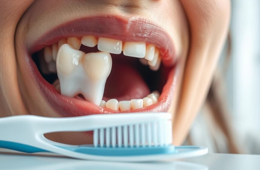 A close-up view of a human mouth showcasing a partially erupted wisdom tooth positioned at an angle, causing visible misalignment with the surrounding teeth. The foreground features a single-headed toothbrush and dental floss artfully arranged beside the mouth, emphasizing oral hygiene tools. In the background, a softly blurred modern dental clinic setting enhances the atmosphere of professionalism. The lighting is bright yet soft, highlighting the details of the teeth and the toothbrush while casting gentle shadows for depth. The overall mood is informative and clinical, aimed at raising awareness of oral hygiene challenges associated with tilted wisdom teeth. The composition is framed from a slight angle to capture the complexities of dental health, creating an engaging visual for the reader.