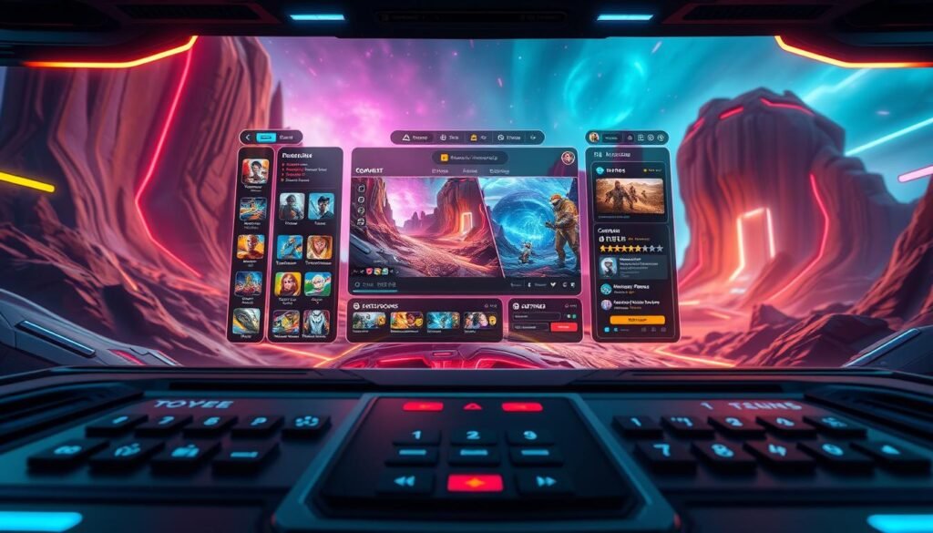 A futuristic interface design for a 3A entertainment gaming platform, showcasing interactive elements such as game selection grids, user profiles, and vibrant graphics. The foreground features sleek buttons and a customizable dashboard with a user-friendly layout. In the middle, display animated elements highlighting user engagement features, such as community forums and game reviews. The background exhibits a digital landscape with sci-fi aesthetics, incorporating bright colors and immersive textures. Use soft, ambient lighting that enhances the lively colors while providing a warm, inviting atmosphere. The scene is captured from an eye-level angle to create a relatable experience for users, inviting them into a seamless gaming environment.