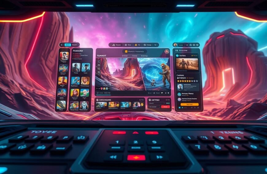 A futuristic interface design for a 3A entertainment gaming platform, showcasing interactive elements such as game selection grids, user profiles, and vibrant graphics. The foreground features sleek buttons and a customizable dashboard with a user-friendly layout. In the middle, display animated elements highlighting user engagement features, such as community forums and game reviews. The background exhibits a digital landscape with sci-fi aesthetics, incorporating bright colors and immersive textures. Use soft, ambient lighting that enhances the lively colors while providing a warm, inviting atmosphere. The scene is captured from an eye-level angle to create a relatable experience for users, inviting them into a seamless gaming environment.