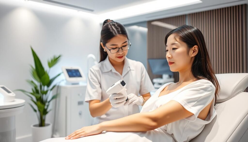 A modern laser hair removal clinic setting, featuring a well-lit treatment room with sleek, contemporary design. In the foreground, a calm and professional therapist dressed in a clean white uniform gently operates a laser device on a client’s arm, showcasing the precision of the treatment. The client, a person of East Asian descent, is comfortably reclined, wearing a modest gown. In the background, elegant equipment and soft green plants add to the serene atmosphere. Soft, diffused lighting creates a soothing ambiance, enhancing the clean and clinical feel of the space. The image exudes professionalism, hope, and a sense of improvement in skin texture for those dealing with keratosis pilaris.