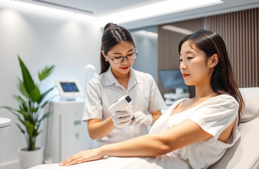 A modern laser hair removal clinic setting, featuring a well-lit treatment room with sleek, contemporary design. In the foreground, a calm and professional therapist dressed in a clean white uniform gently operates a laser device on a client’s arm, showcasing the precision of the treatment. The client, a person of East Asian descent, is comfortably reclined, wearing a modest gown. In the background, elegant equipment and soft green plants add to the serene atmosphere. Soft, diffused lighting creates a soothing ambiance, enhancing the clean and clinical feel of the space. The image exudes professionalism, hope, and a sense of improvement in skin texture for those dealing with keratosis pilaris.