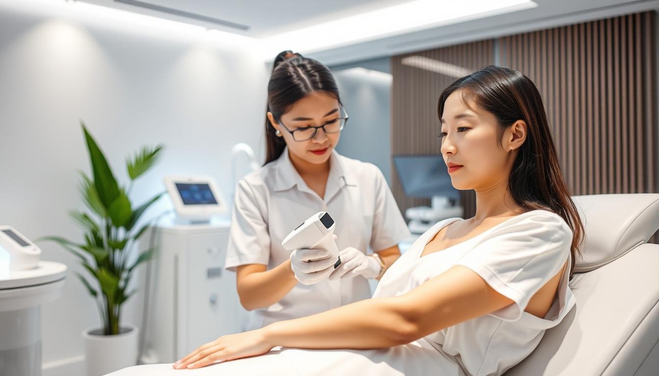 A modern laser hair removal clinic setting, featuring a well-lit treatment room with sleek, contemporary design. In the foreground, a calm and professional therapist dressed in a clean white uniform gently operates a laser device on a client’s arm, showcasing the precision of the treatment. The client, a person of East Asian descent, is comfortably reclined, wearing a modest gown. In the background, elegant equipment and soft green plants add to the serene atmosphere. Soft, diffused lighting creates a soothing ambiance, enhancing the clean and clinical feel of the space. The image exudes professionalism, hope, and a sense of improvement in skin texture for those dealing with keratosis pilaris.
